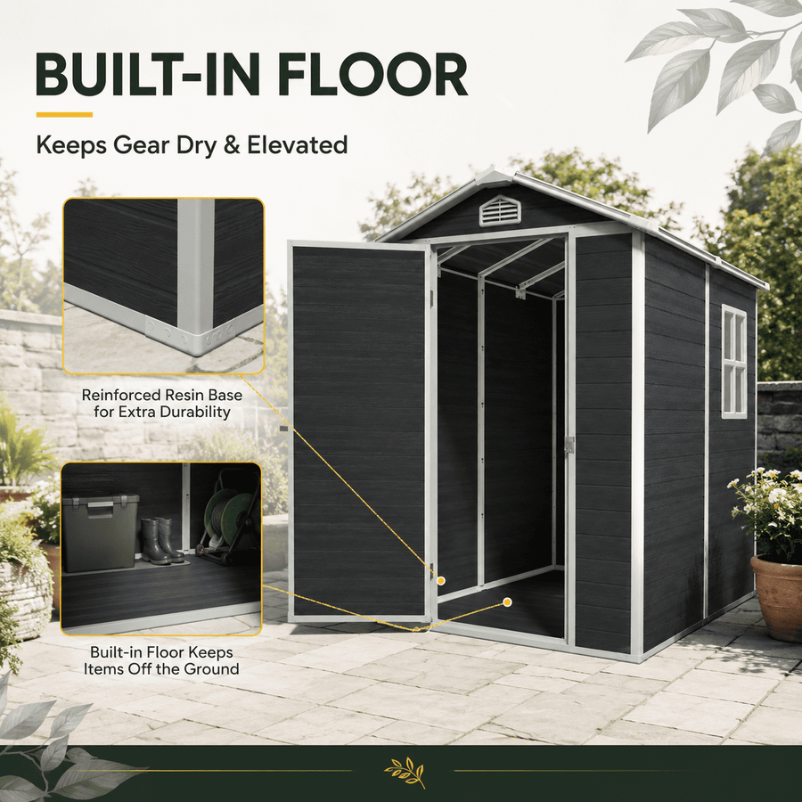Seizeen 4 x 6 FT Plastic Storage Shed with Floor, Sloped Roof Outdoor Resin Shed with Window & Vents, Lockable Garden Tool Shed for Backyard Patio Lawn, Black