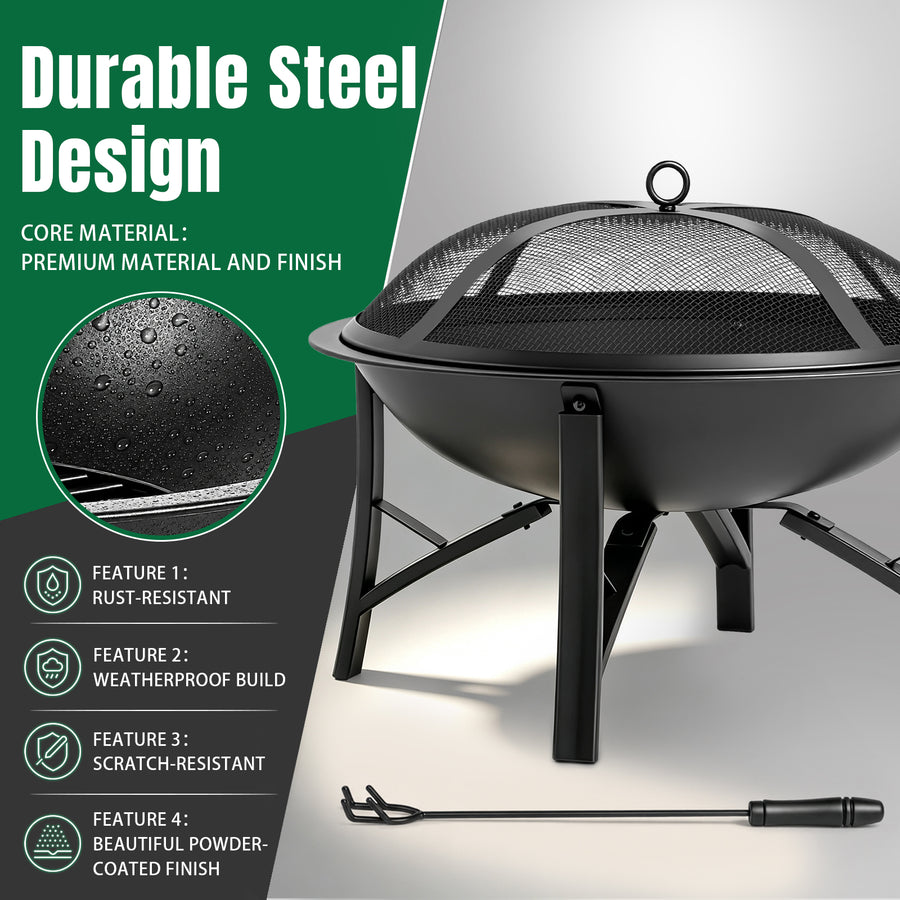 Seizeen 22'' Fire Pit for Outside, Wood-Burning Fire Bowl with Mesh Lid, Fire Poker/Grate, Portable Small Fire Stove for Patio Camp Backyard