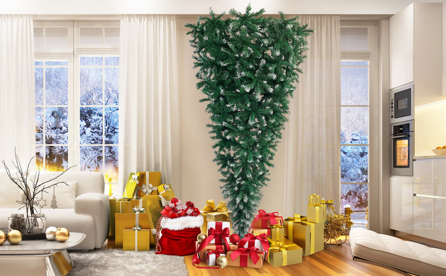 7.4FT Christmas Trees with Lights, Seizeen Lighted Upside Down Artificial Christmas Trees, Prelit Xmas Trees with 400 Lights, DIY Quick Assembly Artificial Trees with 1200 Tips, 8 Light Modes, Green