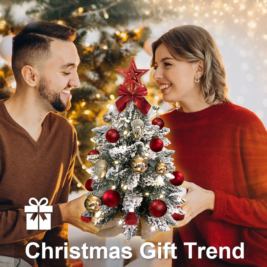 Mini Christmas Tree with Lights, 2FT Tabletop Pre-lit Christmas Tree with Rich Decorations, Artificial Tree Shiny Ornaments & Light String for Xmas, White Small Lighted Tree for Home Decor, Red