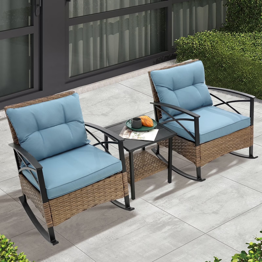 Seizeen Outdoor Rocking Chair Set of 2, Balcony Furniture Patio Bistro Set with Table for Living Room, Bedroom, 3pcs Rattan Wicker Conversation Set with Steel Table, Blue Cushions and Pillows