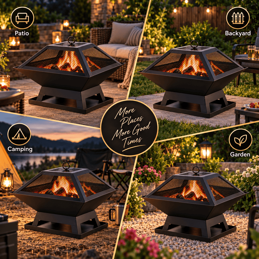 Portable Fire Pit for Outside, Seizeen Wood Burning Fire Pits 19'' Small Size, Square Firepit with Screen Cover, Fire Bowls with Ash Tray, Poker