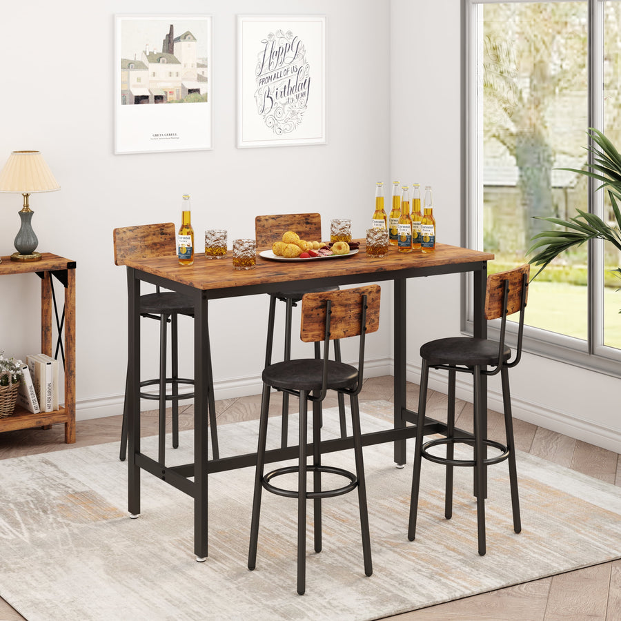 Counter Height Table Set, 5 Pieces Dining Table Set for 4, Rustic Brown Kitchen Table Sets with Backrest PU Leather Chairs, Modern Bistro Pub Table Set for Small Spaces