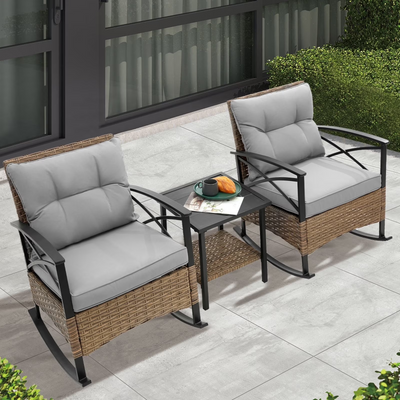 3pcs Outdoor Rocking Chair with Table, Seizeen Patio Furniture Rattan Rocker Chairs, Cushiones Patio Bistro Set for 2, Front Porch Furniture for Living Room, Bedroom, Study Room, Gray