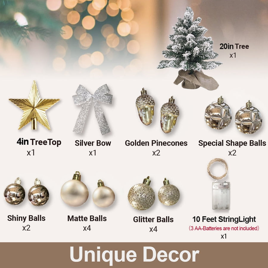 Tabletop Christmas Tree with Lights, 2FT Pre-lit Christmas Tree with Rich Decorations, Mini Artificial Tree Shiny Ornaments & Light String for Xmas, White Small Lighted Tree for Home Decor, Gold