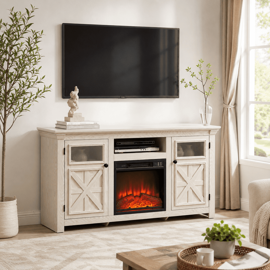 Seizeen Fireplace TV Stand for 60'' TV, 55''L Entertainment Center TV Cabinet, Farmhouse Media Console W/Large Storage, Remote Control for Fireplace, Infrared Heater & Virtual Flame, Gray Wash