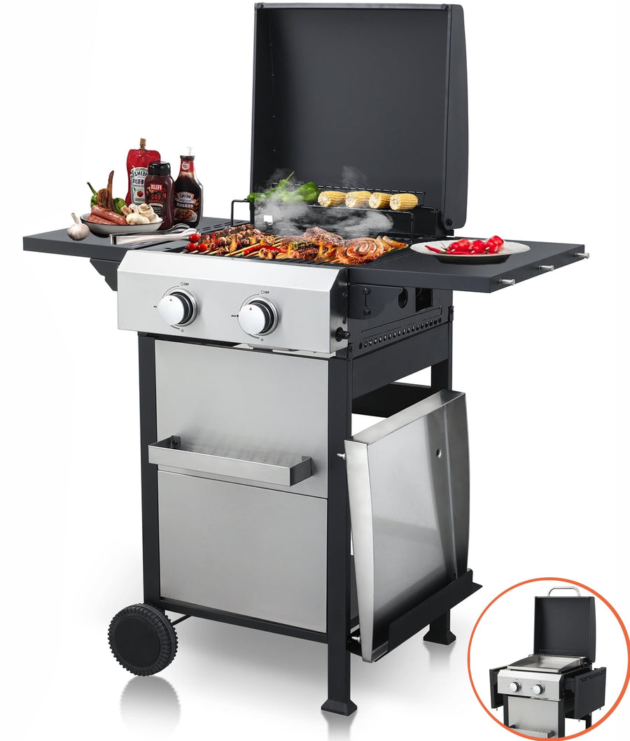 24600BTU Gas Propane Grill, 2-IN-1 Combo Grill Propane Gribble w/ Foldable Side Table, Outdoor BBQ Grill with Stainless Steel Plate, Hanging Basket, 2 Hooks, 2 Wheels