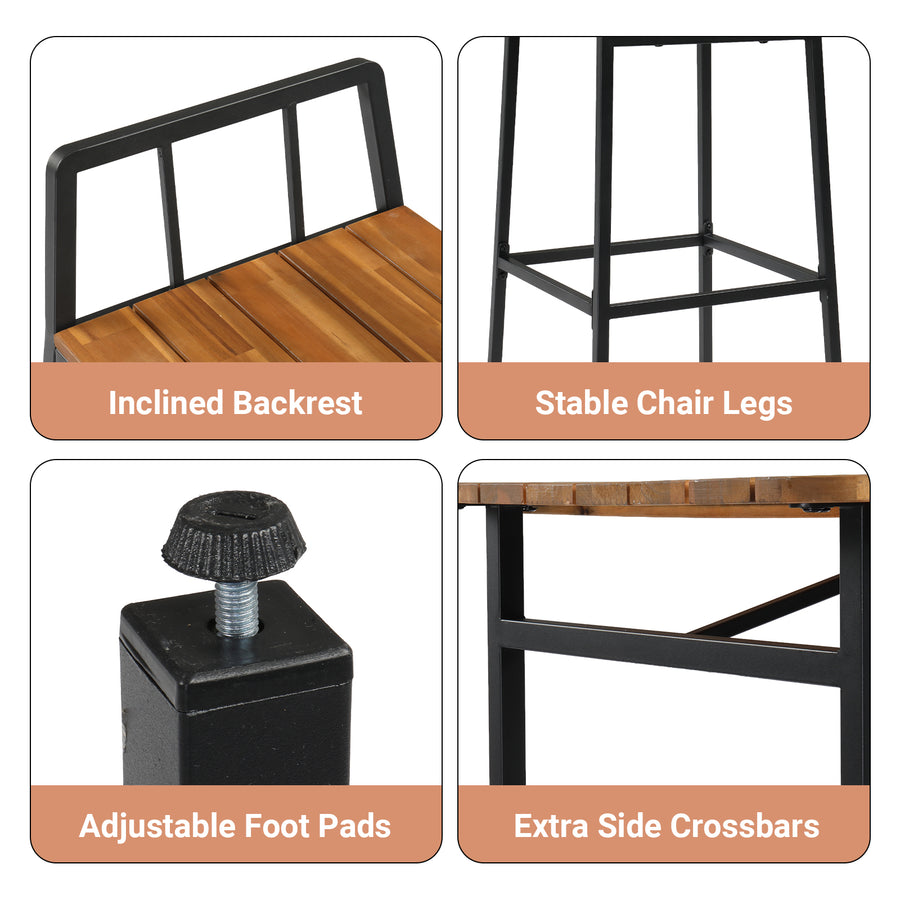 5-Piece Outdoor Patio Bar Table Set with 4 Chairs, Acacia Wood Counter Height Dining Set with Black Iron Frame, Outdoor Bistro Table and Chair Set for Patio, Garden, Balcony, Backyard