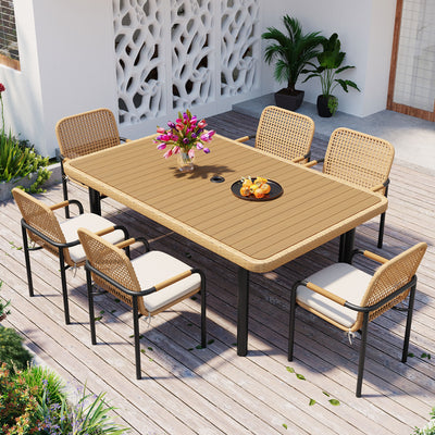 Seizeen 7 Pieces Patio Dining Set, Outdoor Wicker Furniture Set, Plastic-wood Table Top with Umbrella Hole, Rattan Dining Set for Backyard, Garden and Poolside, Beige Cushions