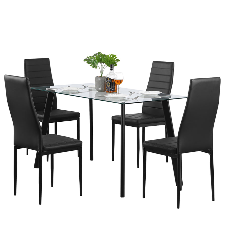 Dining Table Set for 4, Seizeen 5 Pieces Dining Room Set, Glass Dining Table with Leather Chairs, Small Space Breakfast Nook Set Bar Table for Kitchen, Black