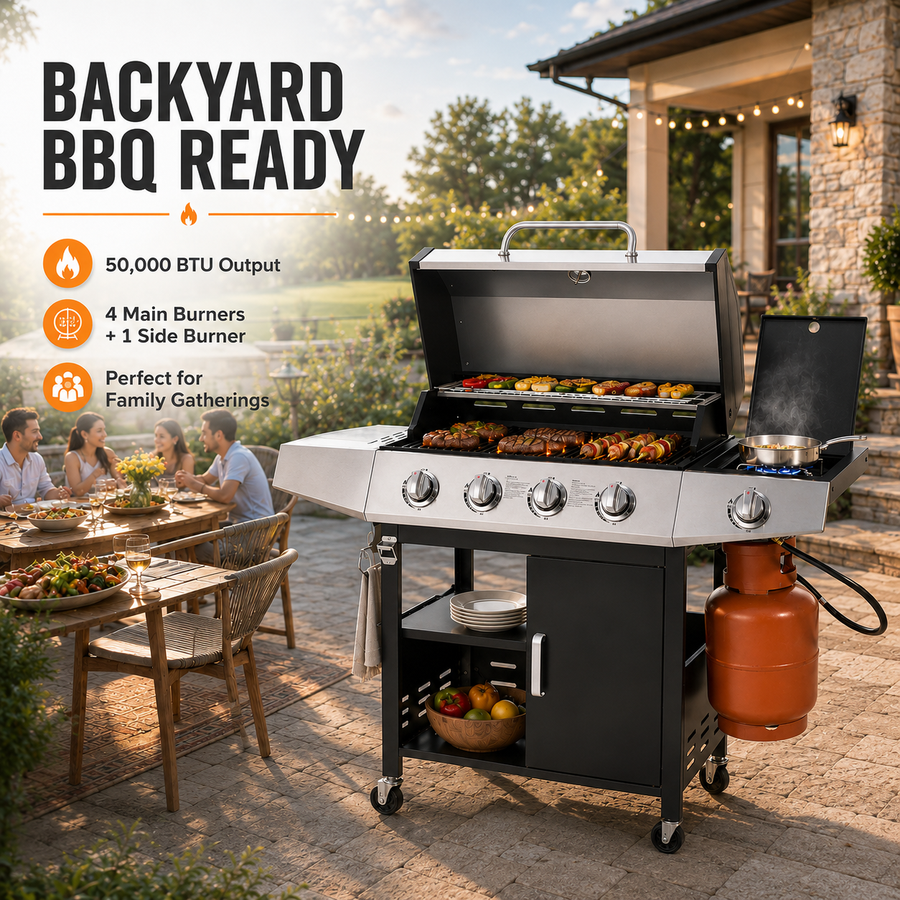 Seizeen 4 Burner Gas Grill with Side Burner, 50,000 BTU Stainless Steel BBQ Grill with Side Shelf, Tank Hook, Towel Rack & Bottle Opener, Outdoor Patio Propane Grill for Backyard, Camping