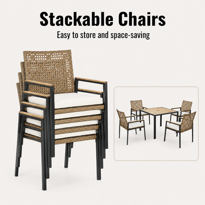 Seizeen 5-Piece Patio Dining Set, Outdoor Dining Table and Chairs with Acacia Wood Tabletop, Umbrella Hole, PE Rattan Armchairs with Beige Cushions, Patio Conversation Set for Garden, Backyard, Deck