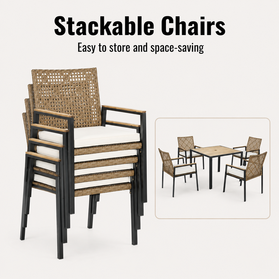 Seizeen 5-Piece Patio Dining Set, Outdoor Dining Table and Chairs with Acacia Wood Tabletop, Umbrella Hole, PE Rattan Armchairs with Beige Cushions, Patio Conversation Set for Garden, Backyard, Deck