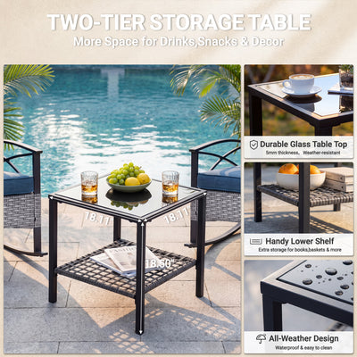 3 Pieces Patio Outdoor Conversation Set, Patio Furniture Bistro Set with 2-Tier Coffee Table, PE Wicker Rocking Chairs with Blue Cushions for for Backyard Porch Poolside