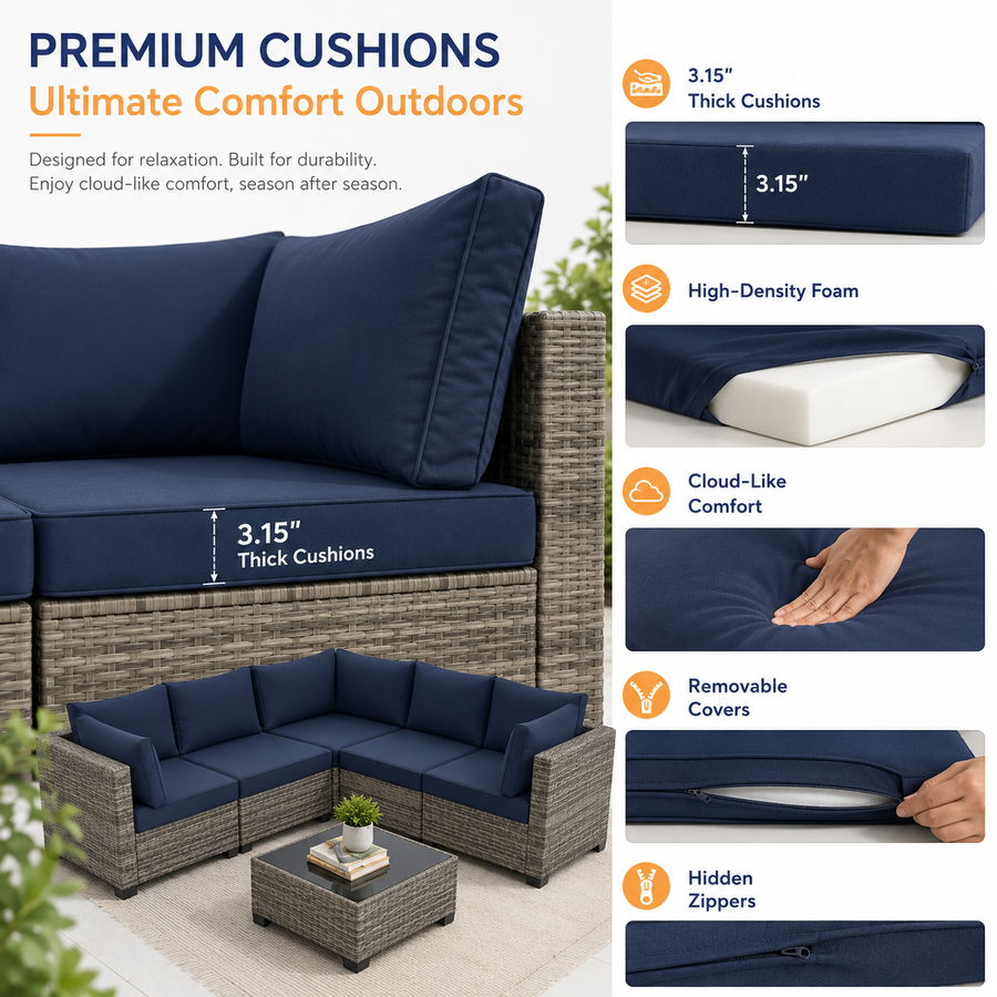 7 Pieces Outdoor Funiture Set, Heavy-Duty Metal Frame Patio Funiture Set with Thick Cushions,Rattan Outdoor Couch Sectional Sofa Set with Coffee Table, Brown
