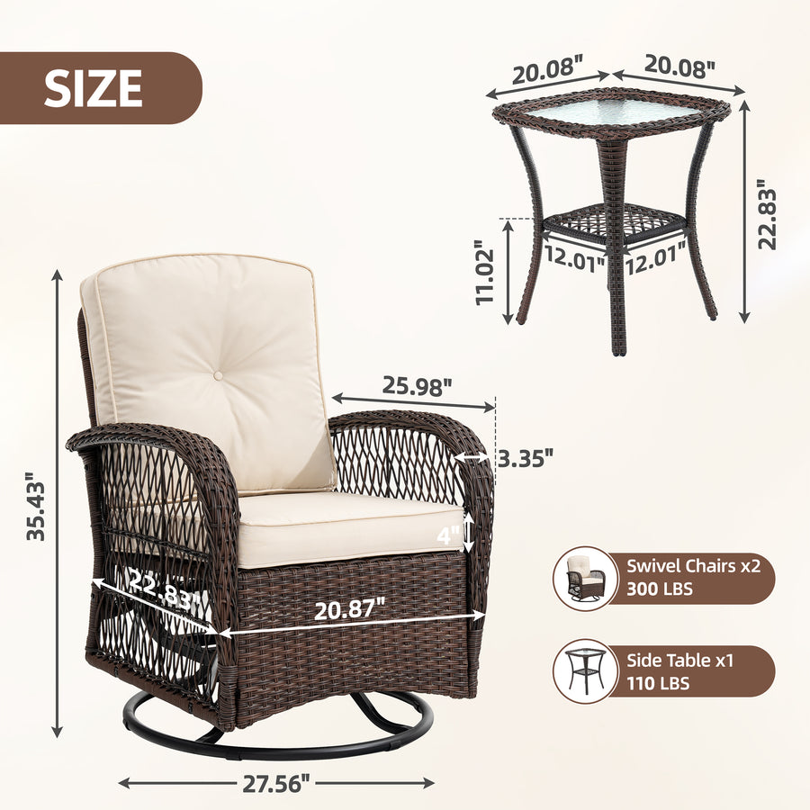 Rattan Outdoor Furniture, 3 Pieces Patio Furniture Set, Wicker Outdoor Swivel Glider Rocker w/Table, Balcony Porch Outdoor Rocking Bistro Set for 2, Beige Cushions