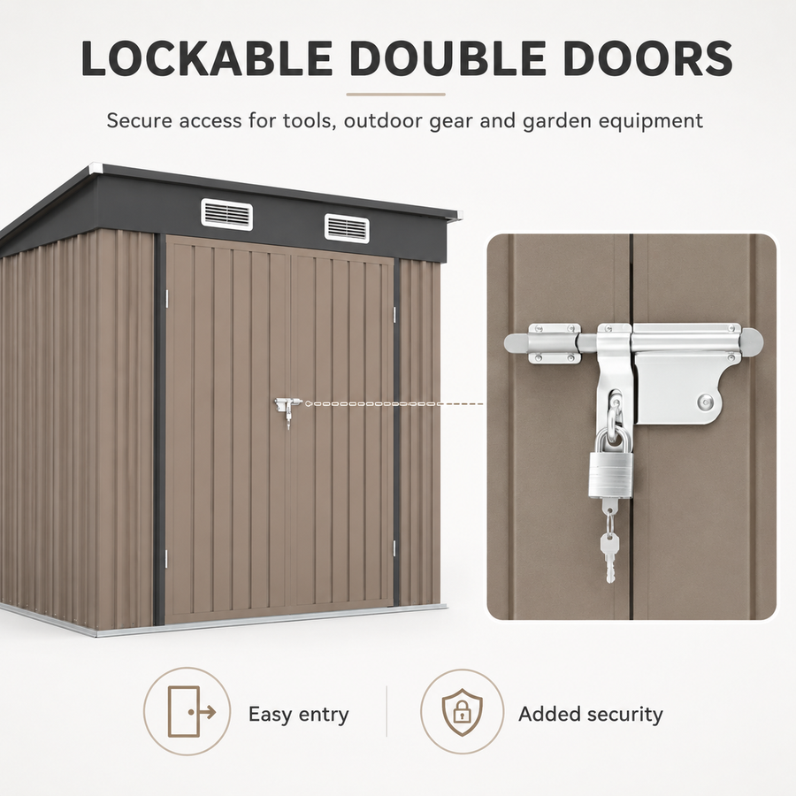 6x4ft Shed Outdoor Storage, All-weather Metal Garden Shed W/Floor, Galvanized Steel Tool Storage Shed, Double Lockable Doors, Brown
