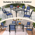 7 Piece Outdoor Patio Dining Set, Plastic-wood Dining Table and Chair for 6, All-weather Textilene Armchair Set Space-saving for Small Garden Yard Deck Porch, Blue