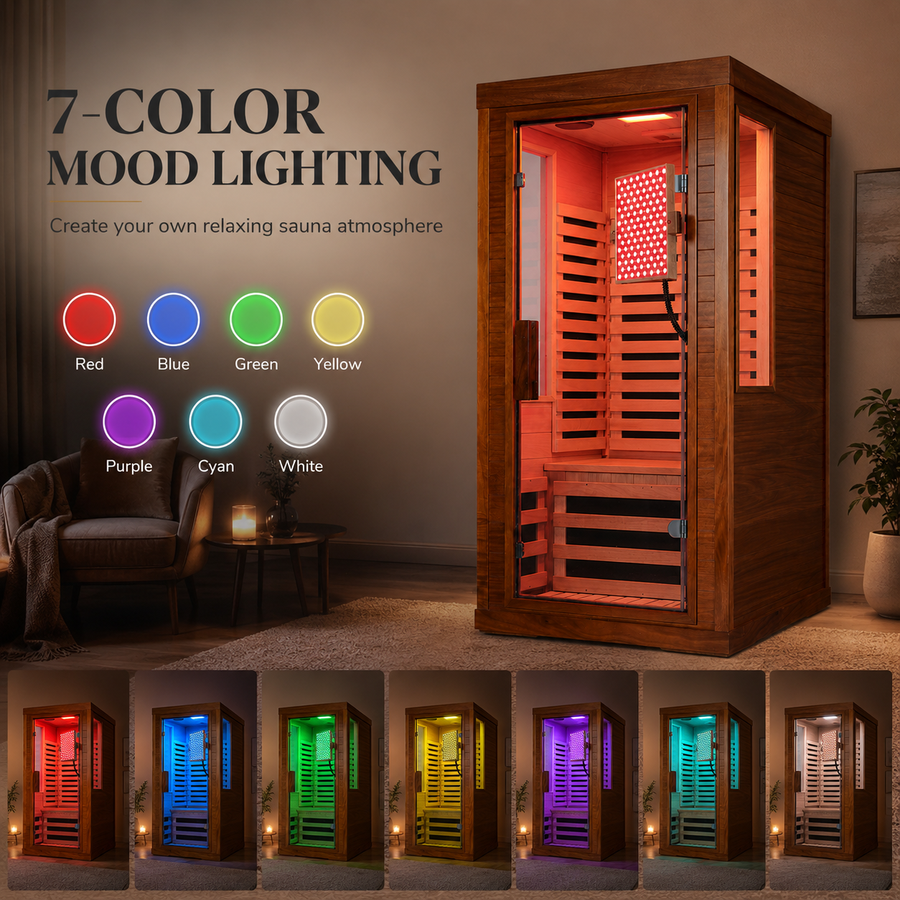 Seizeen Infrared Sauna with Red Light Lamp, 1-2 Persons Indoor Dry Sauna Room with 7 Carbon Crystal Heaters, Low EMF Okoume Wood Home Sauna Beaty Lamp, 7 Color Chromotherapy, Bluetooth Speaker