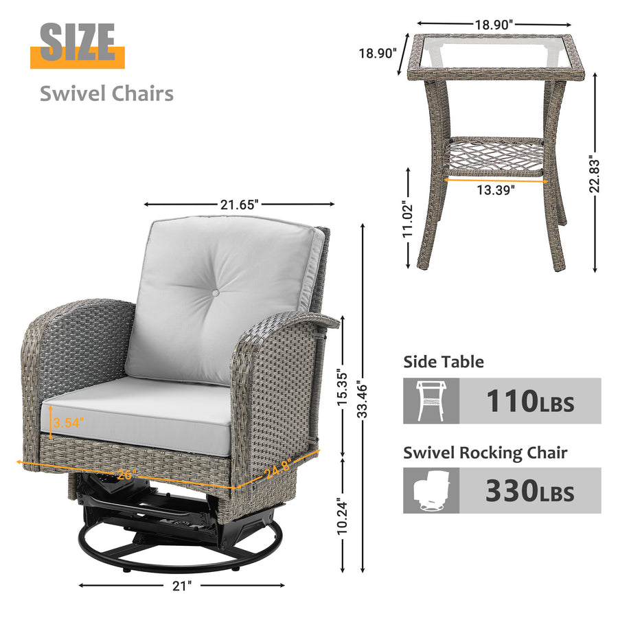 3-piece Patio Furniture Set on sale, Outdoor Patio Wicker Swivel Rocking Chair Set, Cushioned Porch Furniture for Balcony Backyard Deck, Light Gray