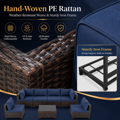 Patio Furniture Set on Sale, 7 Piece Luxurious Rattan Outdoor Sectional Set, All-Weather Wicker Porch Patio Couch w/Coffee Table, Thick Cushion Outdoor Sofa, Brown