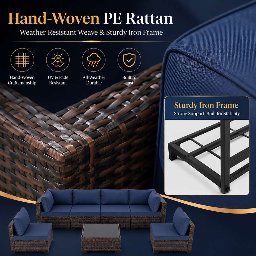 Patio Furniture Set on Sale, 7 Piece Luxurious Rattan Outdoor Sectional Set, All-Weather Wicker Porch Patio Couch w/Coffee Table, Thick Cushion Outdoor Sofa, Brown