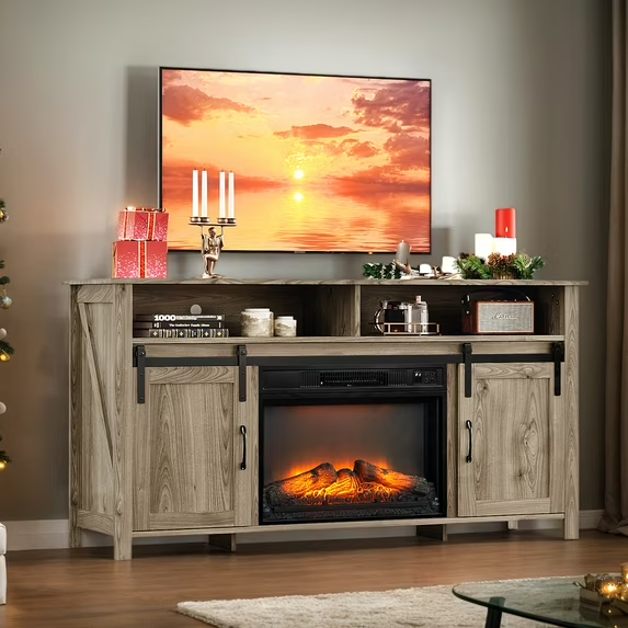 TV Stand with Fireplace, Fireplace TV Stand for 50-60-65’’ TV, Gray Entertainment Center for Bedroom with Cabinet, Living Room TV Console w/3D Flame Electric Fireplace Insert, RC, Multi-mode Change