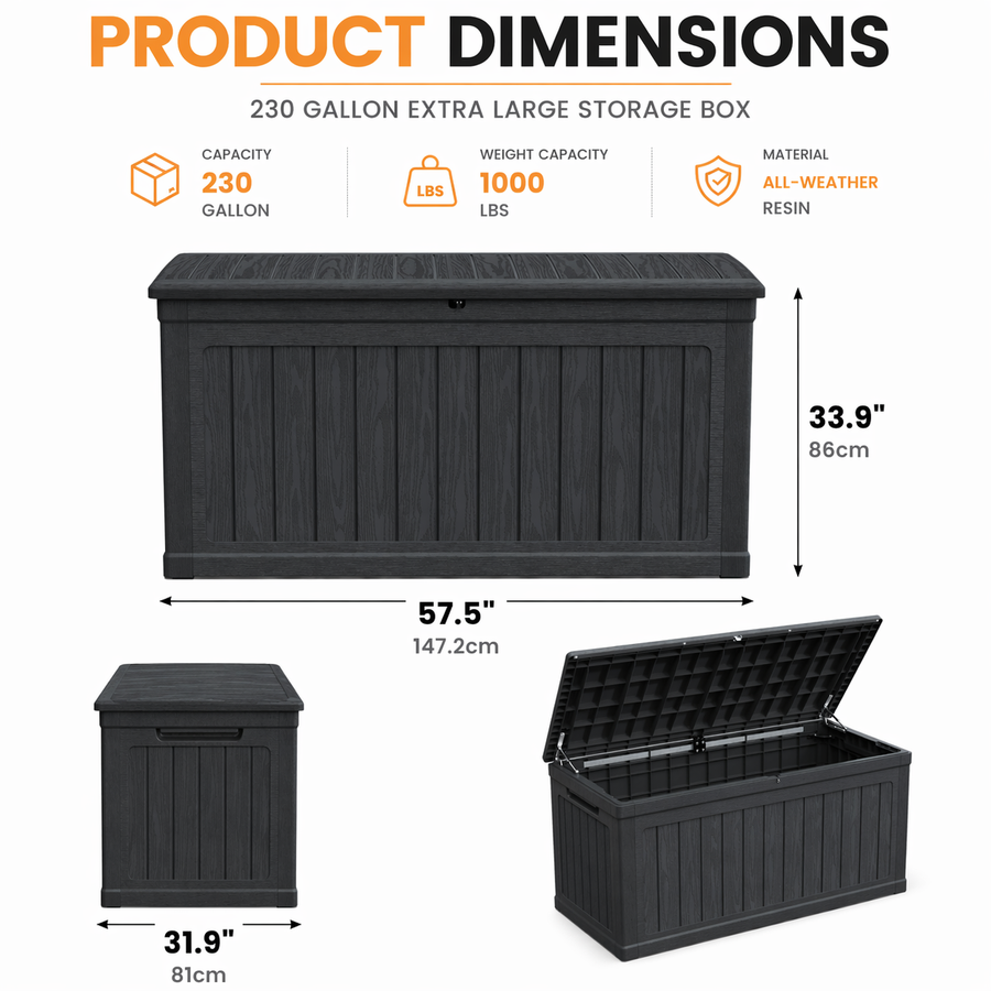 1000LBS Deck Box for Outdoor, 230GAL Resin Storage Bench Toy Box, Patio Pool Furniture Cushion Storage Waterproof, Automatically-Open Lid w/Reinforced Steel Beam
