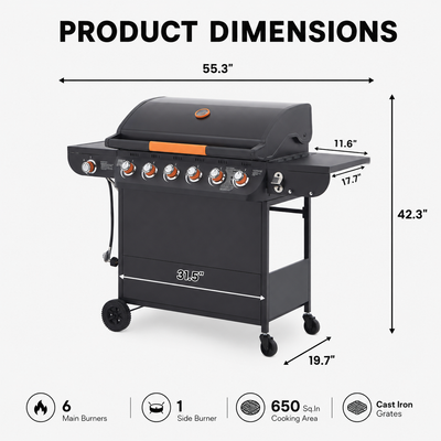 6-Burner Propane Gas Grill with Side Burner, 72,000 BTU Stainless Steel BBQ Grill with Cast Iron Grates, 650 Sq.In Cooking Area, Warming Rack, Thermometer, Side Tables & Wheels for Outdoor Patio Back