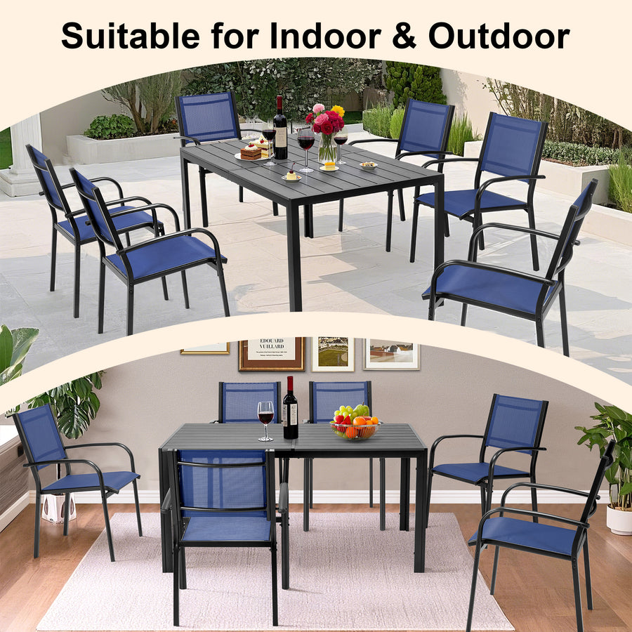 7-Piece Patio Dining Set – Outdoor Rattan Dining Set with 6 Textilene Chairs, Plastic Wood Grain Weather-Resistant Table and Chairs for Garden, Backyard & Poolside