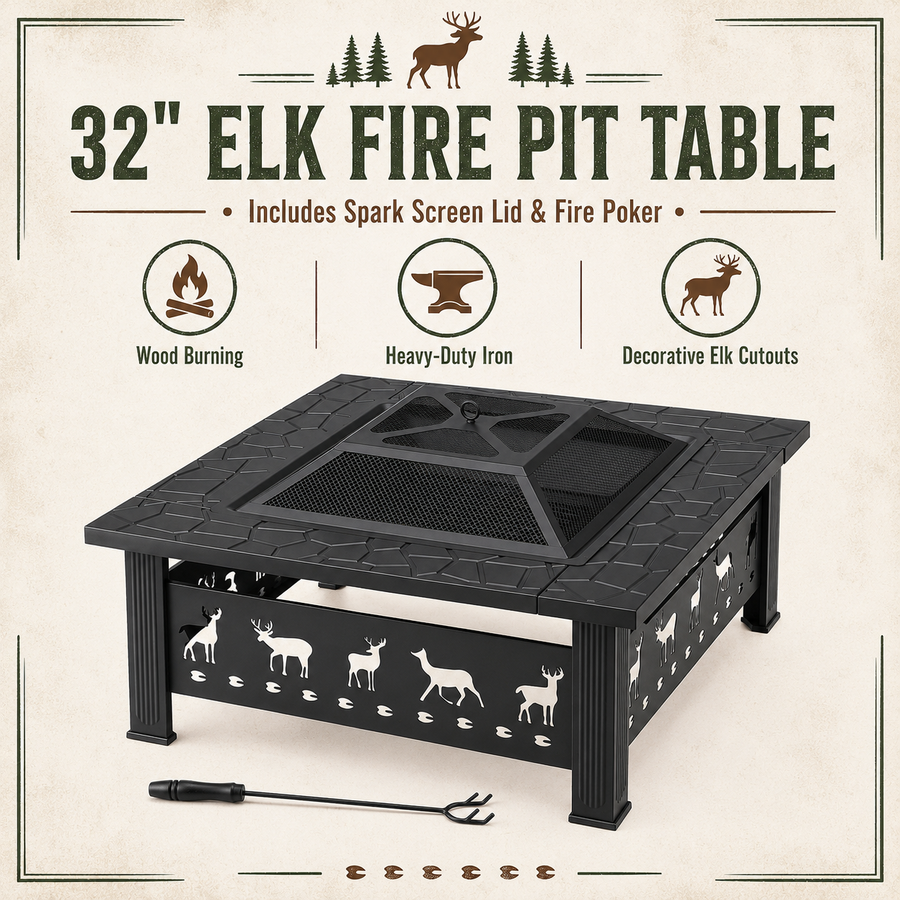 32 Inch Wood Burning Fire Pit for Outside, Square Outdoor Fire Pit Table with Spark Screen & Fire Poker, Heavy Duty Wrought Iron Firepit for Backyard, Patio, Garden & Camping