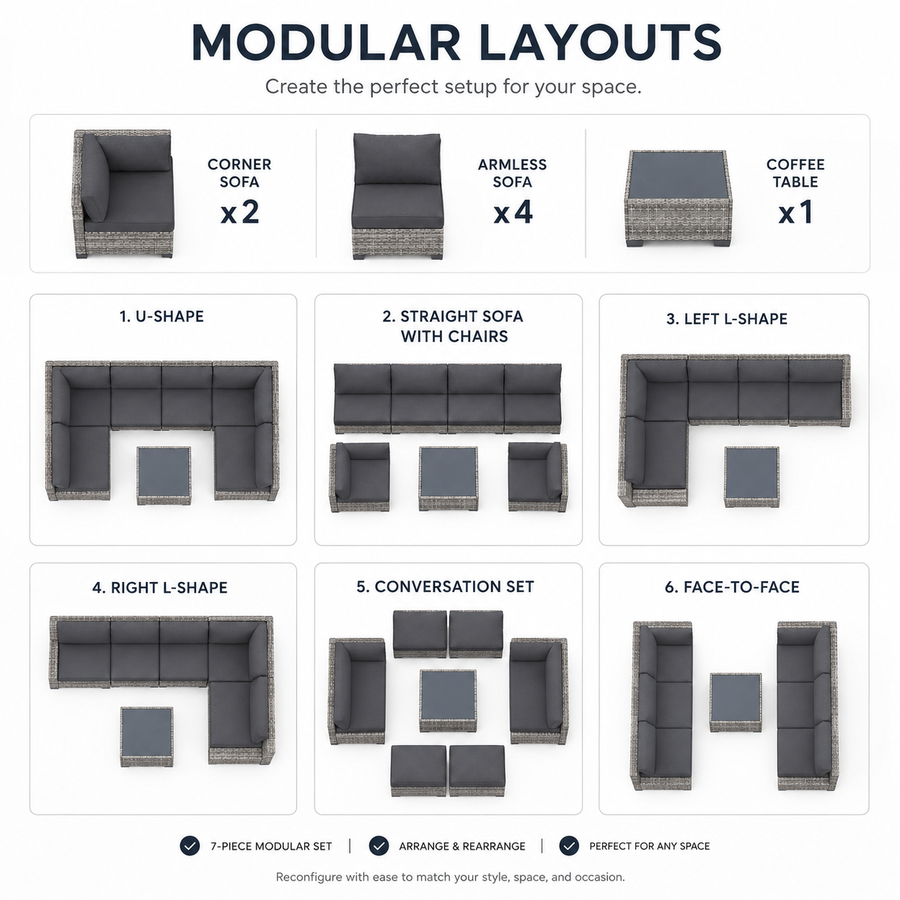 7 Pieces Patio Funiture Set, Outdoor Furniture Sectional Sofa Set,Manual Wicker Rattan Patio Conversation Set Heavy-duty Frame, with Cushions and Table, Gray