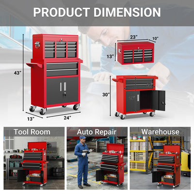 Rolling Tool Chest with 8 Drawers, Multifunctional Steel Toolbox Organizer, Tool Storage Cabinet with Detachable Topbox, Garage Tool Cart w/Universal Weels,Hanging Box, Hooks, DIY Anti-slip Mat