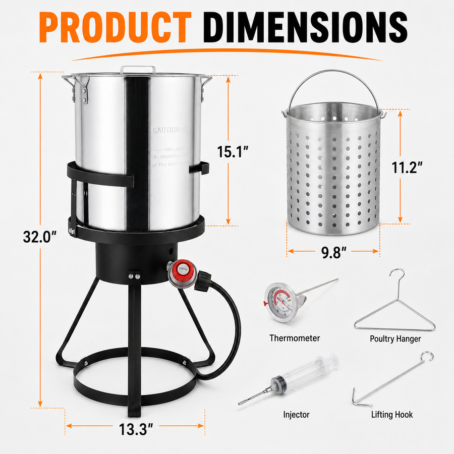 Outdoor Turkey Fryer Kit, 30QT Aluminum Deep Fryer and Seafood Boil Pot, 55,000 BTU Propane Burner with 32.3-Inch Iron Tripod Stand, Basket, Poultry Rack, Thermometer and Injector