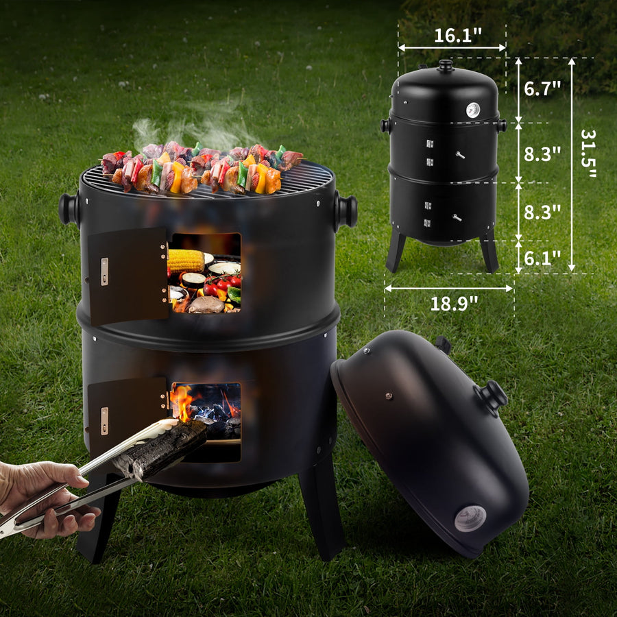 Seizeen 16" Smoker Outdoor 3-in-1 Charcoal Grill, Portable BBQ Grill Fire Pit Combo Double-layer Design