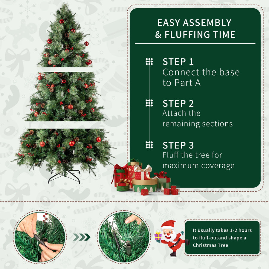 Seizeen 6.5FT Lighted Christmas Tree, Green Pre-lit Artificial Tree with 350 LED Lights Pine Cones, Berries, Flocked Xams Tree Decor for Indoor Outdoor Home Holiday, 1200 Branch Tips