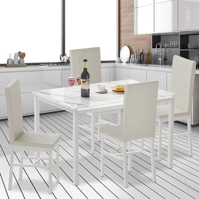 Modern Dining Set for 4, 5-Piece Dining Table and Chairs Set, 1 Table with Marble Top, 4 Leather Chairs for Kitchen Dining Room Living Room, White