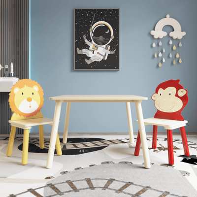 3 Pieces Cartoon Table Set for Kids, Seizeen Table & Chair Set 2-8 Age Boys and Girls, 2 Lion&Monkey Backrest Chairs Wood Table Kids' Room Furniture