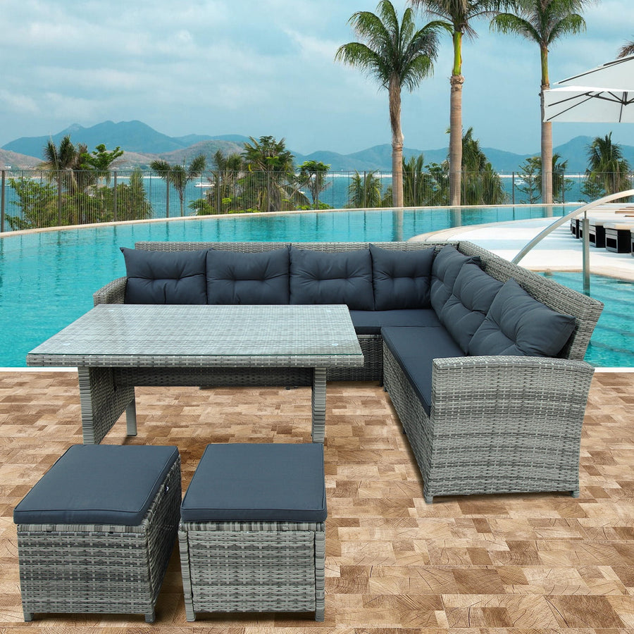 Patio Sectional Conversation Set, 6-Piece Rattan Outdoor Dining Set Cushioned, Patio Sofa Set w/Table, Deck Porch Furniture Set Couch with High Backrest, Gray PE Rattan