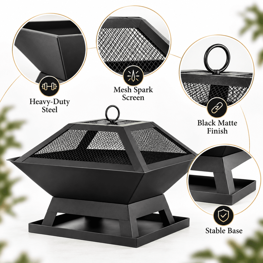Portable Fire Pit for Outside, Seizeen Wood Burning Fire Pits 19'' Small Size, Square Firepit with Screen Cover, Fire Bowls with Ash Tray, Poker