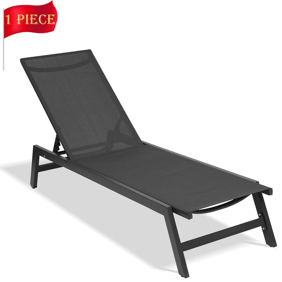 Seizeen Outdoor Chaise Lounge, Patio Lounge Chair All Weather, Five-Position Adjustable Lounge Chair for Poolside Deck Porch Backyard, Black Aluminum Frame with Wheels