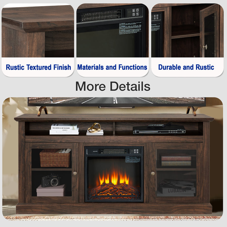 Seizeen Fireplace TV Stand with Storage, for TVs up to 65 Inches, Entertainment Center with Fireplace, Media Console Cabinet for Living Room, 60 Inch, Brown