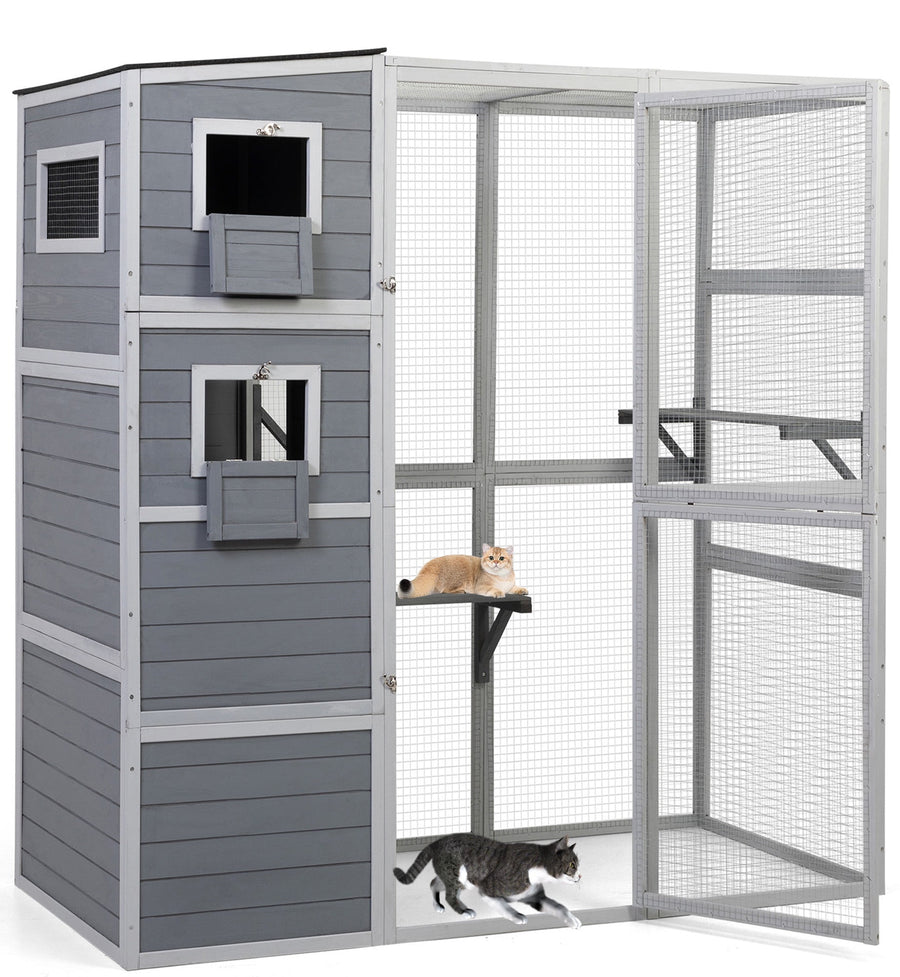 Seizeen Cat House for Outdoor, Catio Enclosure for Cat Wooden Large Kitty Cage , w/Platform, Resting Box, 4-tier Shadow Design, 70''H x 76''W