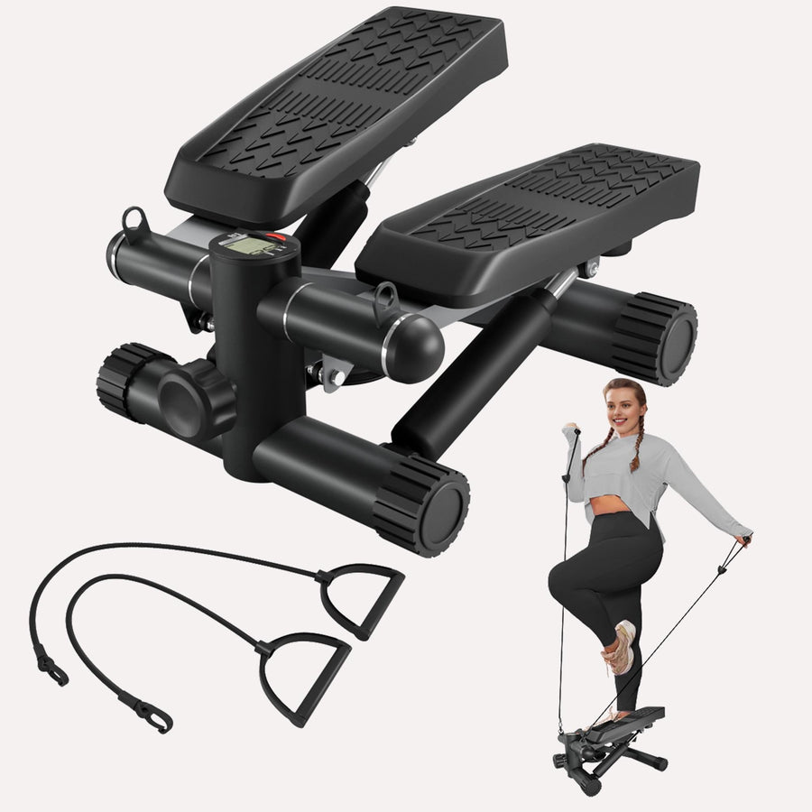 Mini Stepper for Exercise at Home, 17'' Portable LCD Stair Stepper with Resistance Bands, Dual Hydraulic Cylinder, Adjustable Step Height, Home Gym Office Space-saving Fitness Equipment, Black
