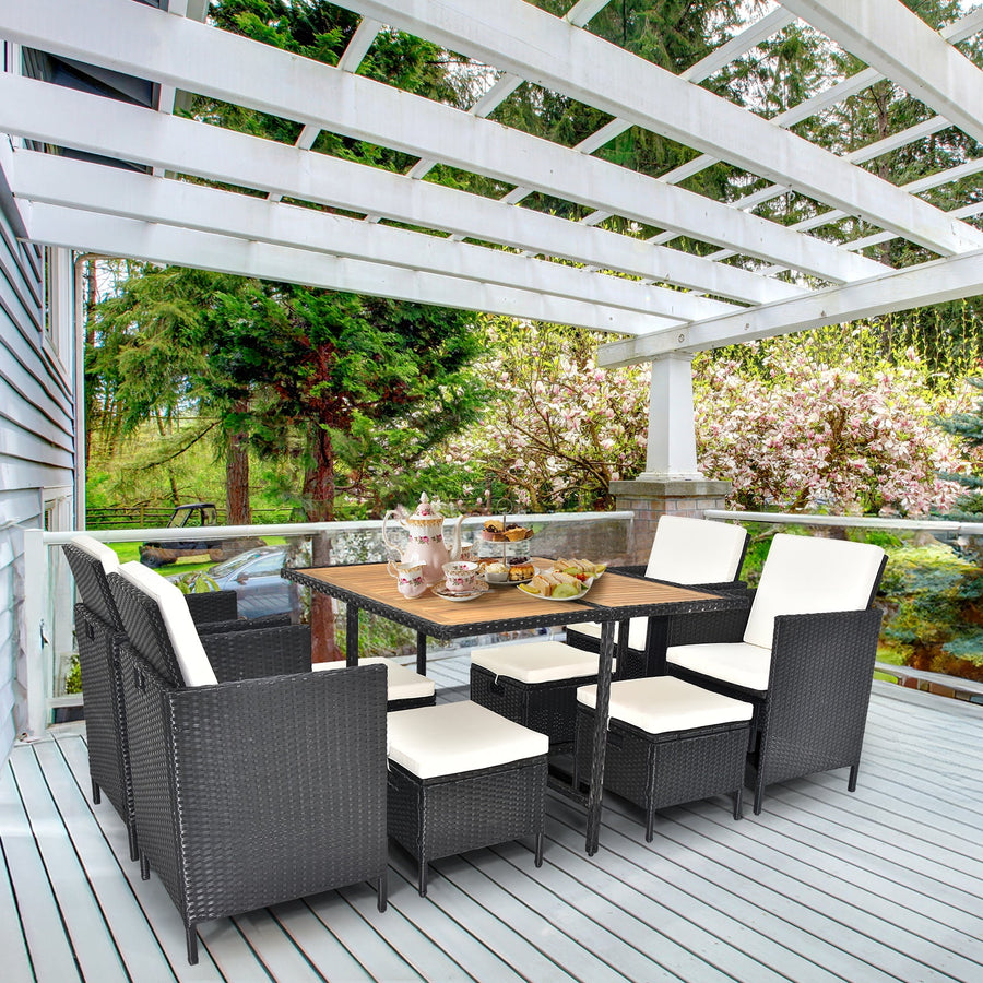 9 Pieces Patio Table and Chairs for 8, Rattan Outdoor Dining Set with Foldable Table, Cushioned Patio Furniture Set with Hidden Chairs and Stools for Backyard Porch