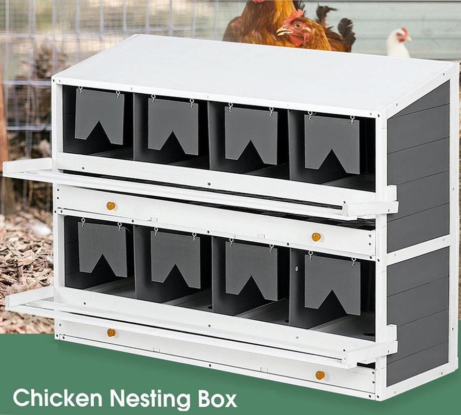 47¡¯¡¯L Chicken Nesting Box, Wood Hen Nesting Boxes for Chicken Coop Use, 8 Compartments, 2 Roll Out Egg Collection Drawers, 2-Tier Foldable Perches, Vented Hole Design
