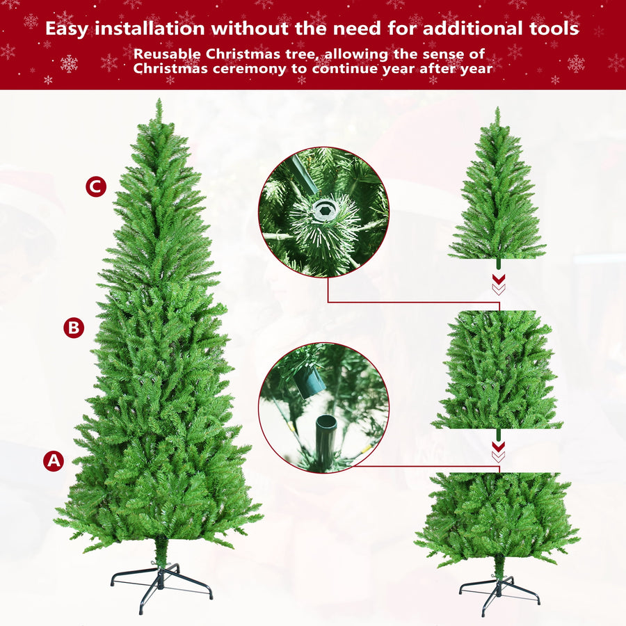 Seizeen 7FT Christmas Tree, Artificial Green Tree with 775 Green Tips, Slim Fir Xmas Tree w/Hinged Branches, Folding Metal Stand, Holiday Decoration for Carnival Party