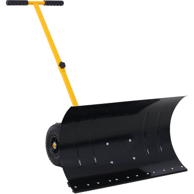 29inch Snow Pusher Shovel With Wheels, Heavy Duty Snow Pusher W/Angled Blade Adjustable Handle, Driveway Doorway Sidewalk Snow Removal Tool, 10" Anti-skid Wheels