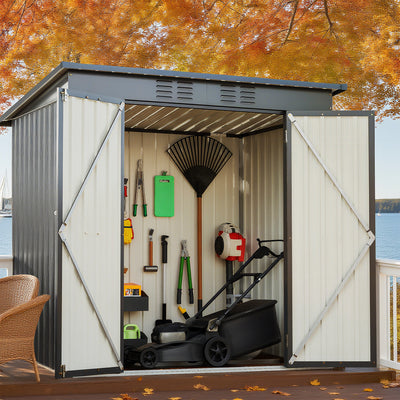 Seizeen 6x4ft Outdoor Storage Shed, Lockable Metal Shed with Base Frame, Patio Galvanized Garden Storage w/Sloped Roof, Walk-In Design, Vents