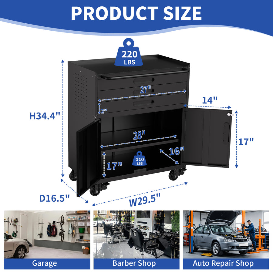 34.3" Rolling Metal Tool Cabinet - Heavy Duty Garage Storage with Lockable Doors & 3 Drawers, Mobile Workbench Organizer for Garage, Workshop, Home